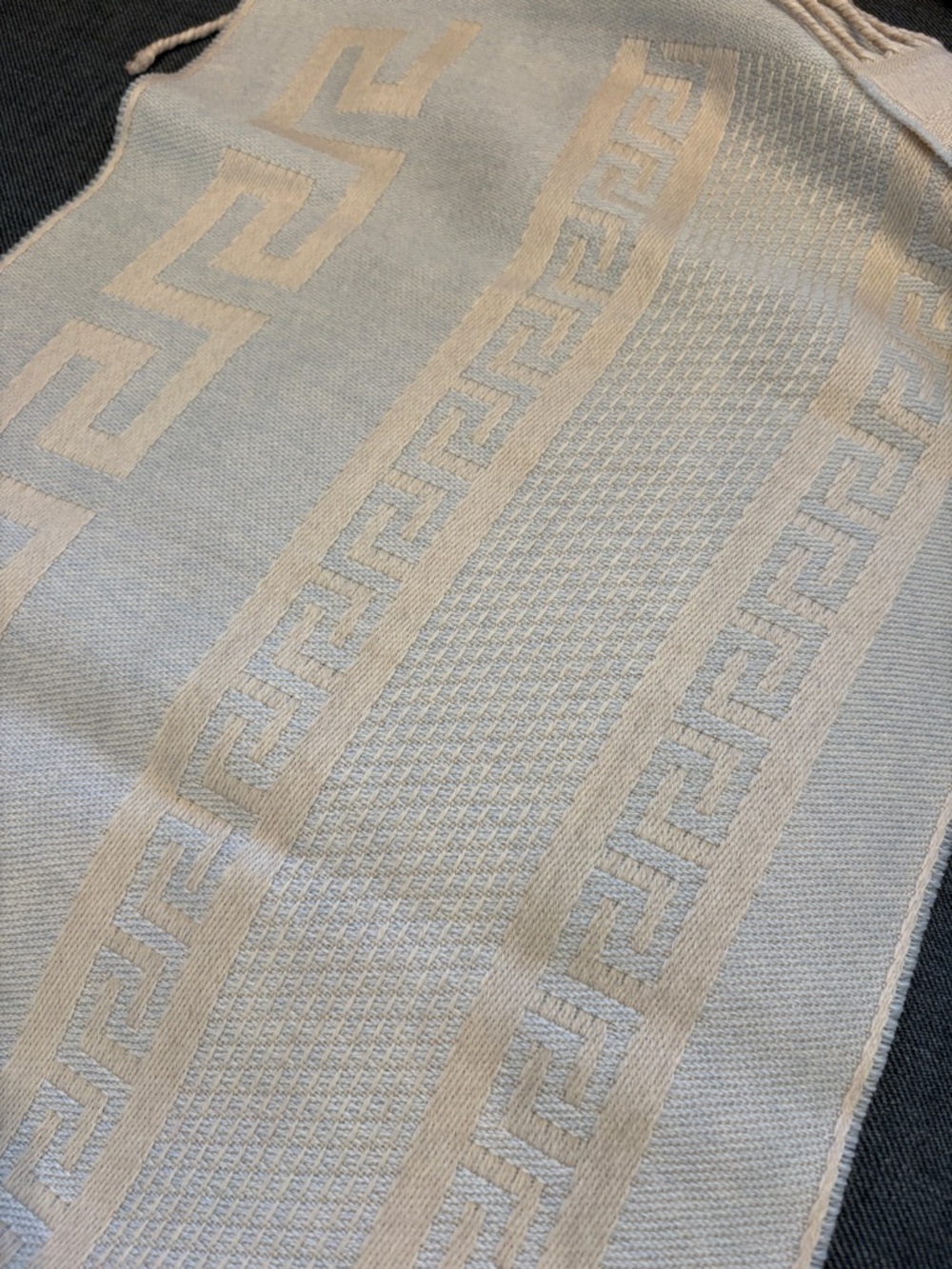 VERSACE Neutral Beige, Light Blue Fringe Scarf - Picture 4 of 5